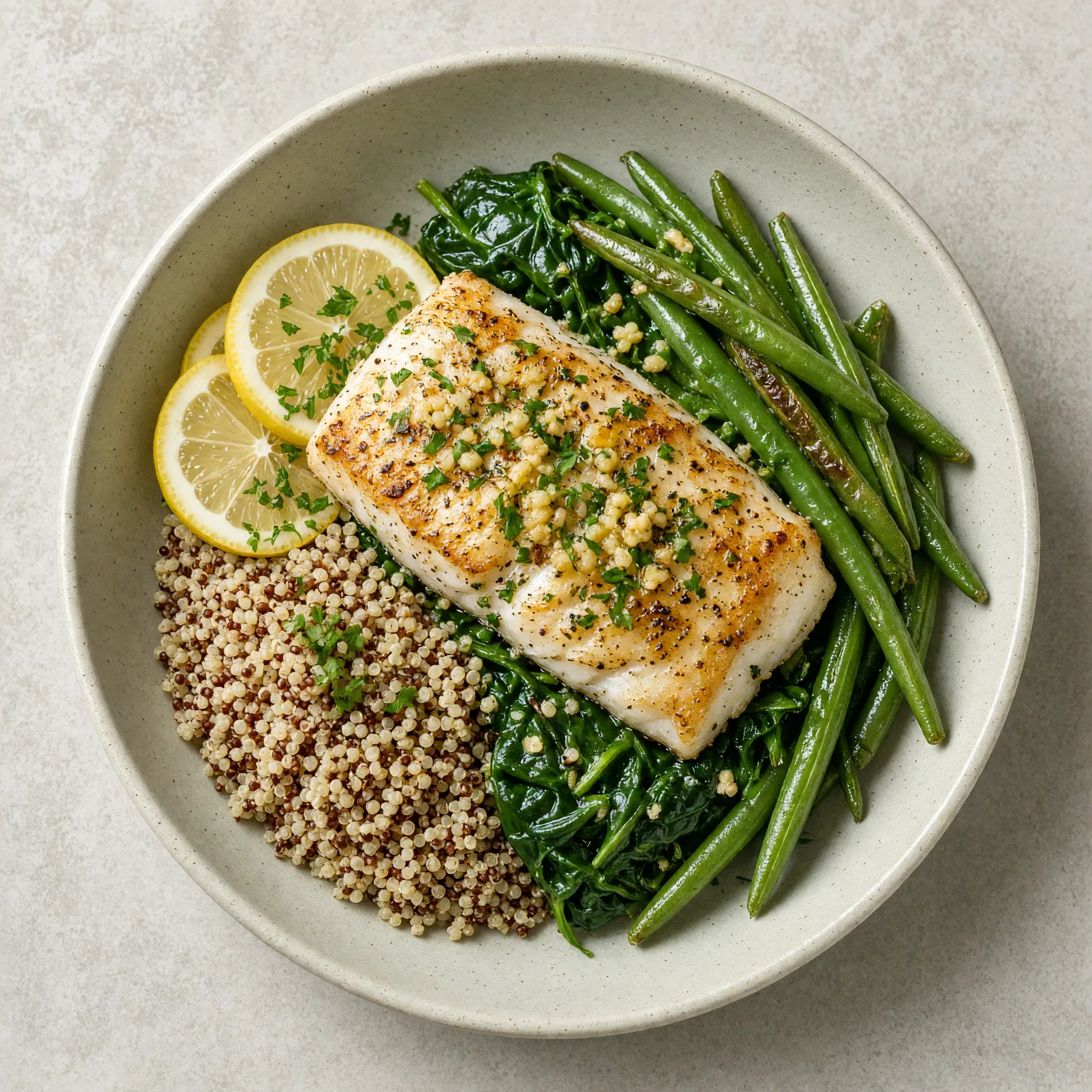 Lemon Herb Cod with Quinoa and Green Beans